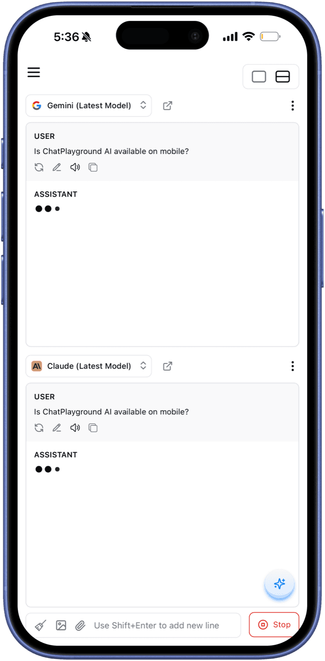 ChatPlayground comparing Gemini and Claude on an iPhone
