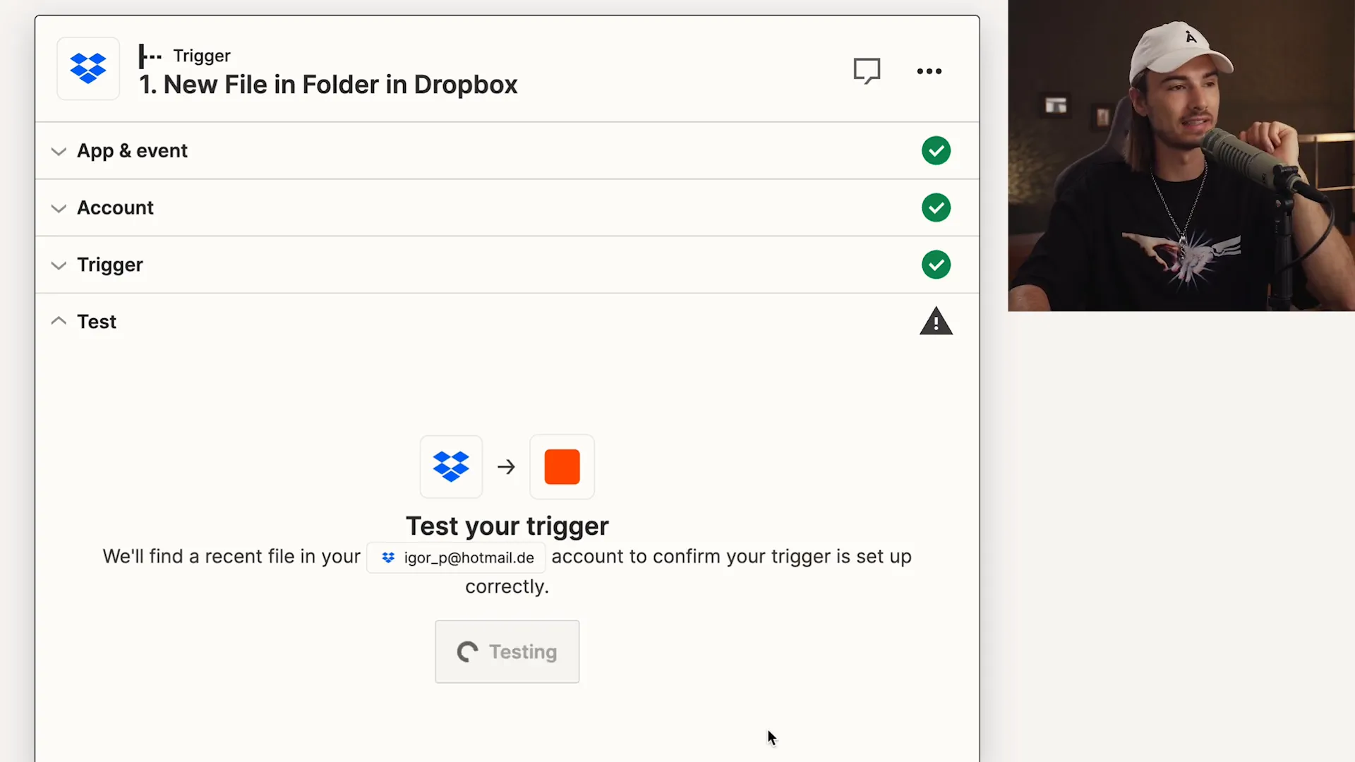 Testing the trigger setup in Zapier